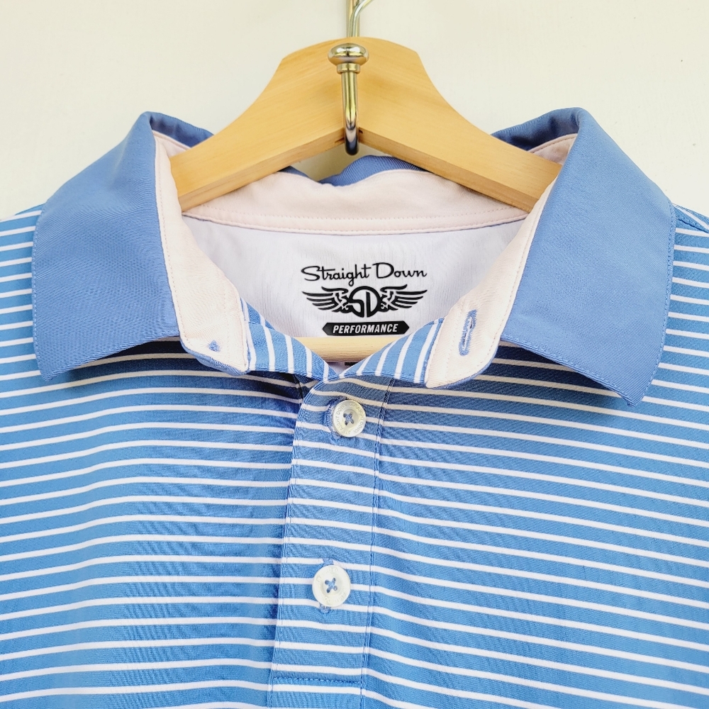 Straight Down Mens Polo Golf Athletic Shirt Blue Stripes Size Large - Picture 3 of 14
